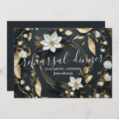 ホワイトゴールド フローラルリース 結婚式リハーサルディナー 招待状 (正面/裏面)