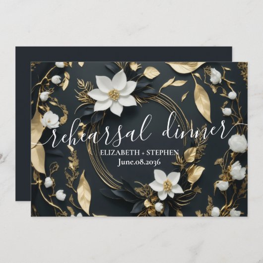 ホワイトゴールド フローラルリース 結婚式リハーサルディナー 招待状 (正面/裏面)