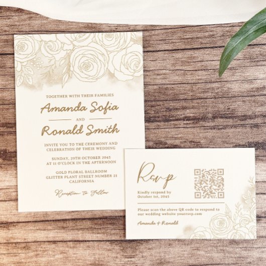 ホワイトゴールド フローラル エレガント ウェディング 招待状