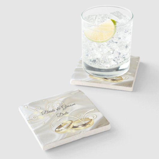 ホワイトサテンと金ゴールド結婚デザイン ストーンコースター (横)