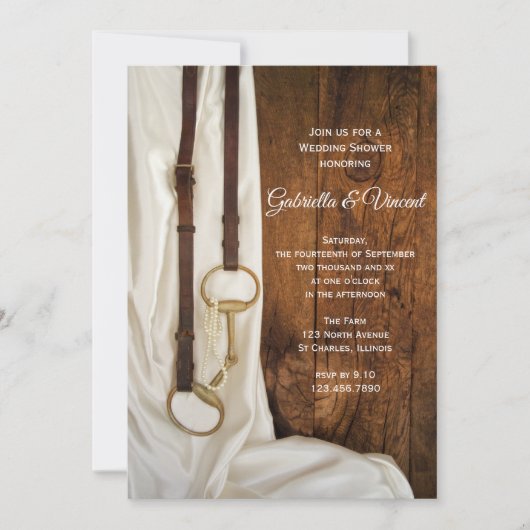 ホワイトサテンアンドホースビットウェスタンウェディングシャワー 招待状 (正面)