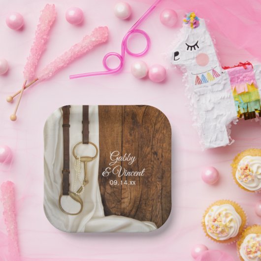 ホワイトサテンホースビットカントリーウェスタン結婚ズ ペーパープレート (パーティー)