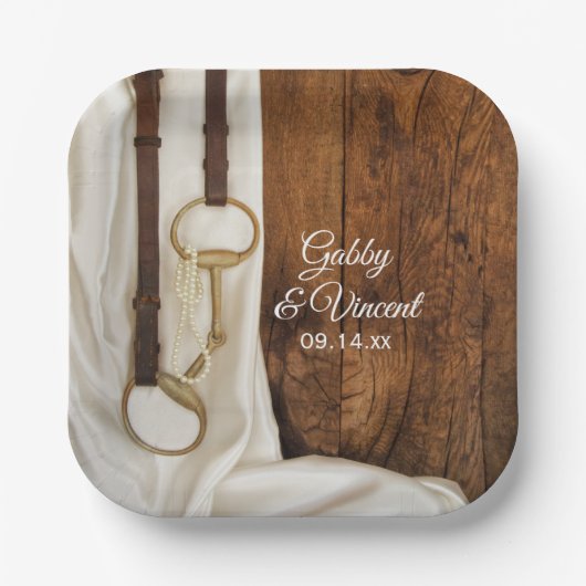 ホワイトサテンホースビットカントリーウェスタン結婚ズ ペーパープレート (正面)