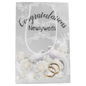 ホワイトサテン結婚ダマスクの鳩とリングや輪 ミディアムペーパーバッグ (正面)