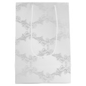 ホワイトサテン結婚ダマスクの鳩とリングや輪 ミディアムペーパーバッグ (裏面)