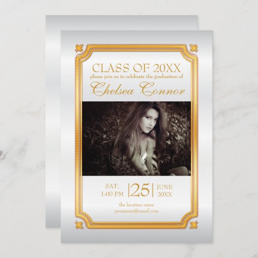 ホワイトサテン金ゴールド招待状 招待状 (正面/裏面)