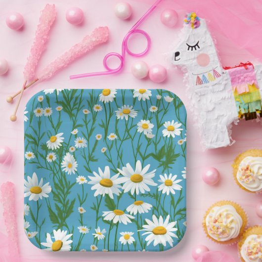 ホワイトサマーデイジーオンアクア ペーパープレート (パーティー)