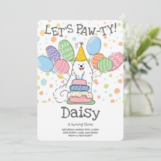 ホワイトサモエードドッグ誕生日パーティーの招待 招待状 (スタンド正面)