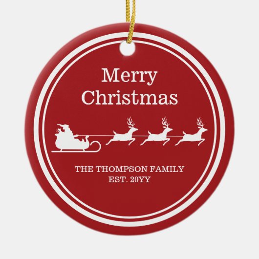 ホワイトサンタライとメリークリスマス文字オンレッド セラミックオーナメント (正面)
