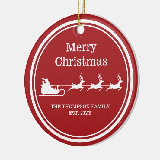 ホワイトサンタライとメリークリスマス文字オンレッド セラミックオーナメント (左)