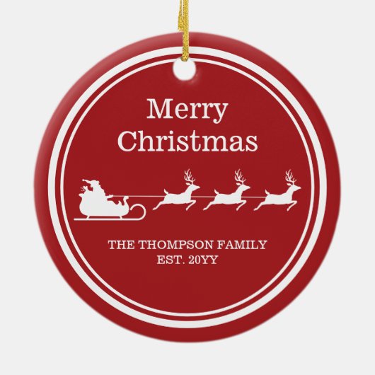 ホワイトサンタライとメリークリスマス文字オンレッド セラミックオーナメント (裏面)