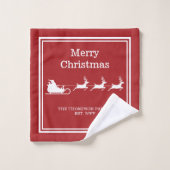 ホワイトサンタライとメリークリスマス文字オンレッド バスタオルセット (ウォッシュタオル)