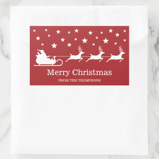 ホワイトサンタライとメリークリスマス文字オンレッド 長方形シール (バッグ)