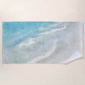 ホワイトサンドビーチ水彩-ティール（緑がかった色）アクアターコイズ ビーチタオル (正面)