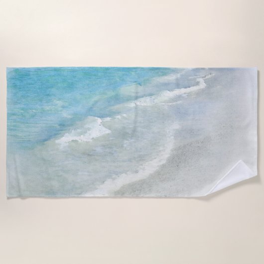ホワイトサンドビーチ水彩-ティール（緑がかった色）アクアターコイズ ビーチタオル (正面)