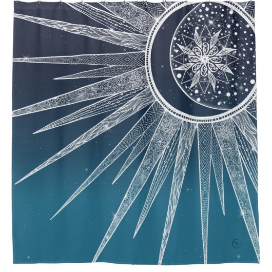 ホワイトサンムーンマンダラブルーグラデーションデザイン シャワーカーテン (正面)