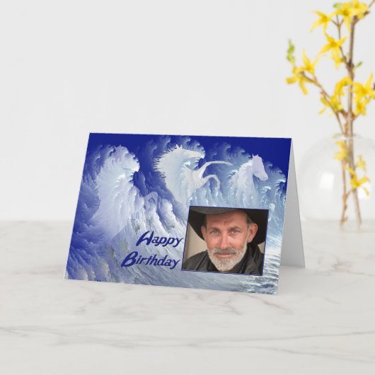 ホワイトサーフウマ写真の誕生日カード カード (黄色い花)