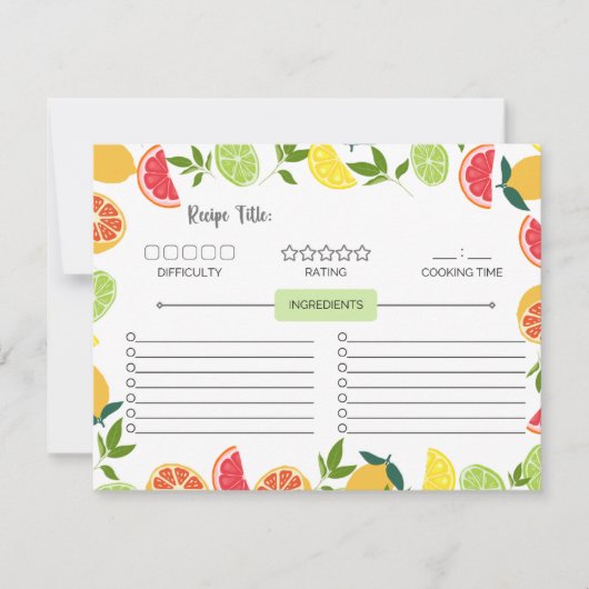 ホワイトシトラスレモンオレンジパターンファミリーレシピ ノートカード (正面)