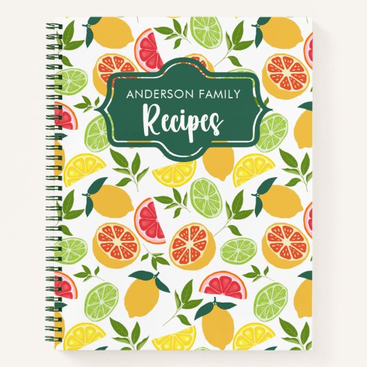 ホワイトシトラスレモンオレンジパターンファミリーレシピ ノートブック (正面)