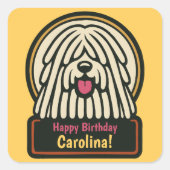 ホワイトシャギー犬の誕生日パーティー スクエアシール (正面)