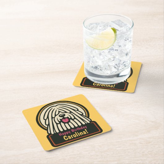 ホワイトシャギー犬の誕生日パーティー スクエアペーパーコースター (インサイチュ)