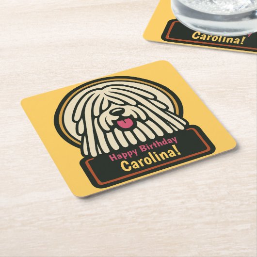 ホワイトシャギー犬の誕生日パーティー スクエアペーパーコースター (アングル)