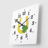 ホワイトシャムロック付きラッキーゴールデンホースシュー スクエア壁時計 (傾斜)