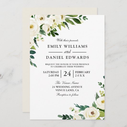 ホワイトシャンパンフラワーエレガントウェディング招待状 招待状 (正面/裏面)