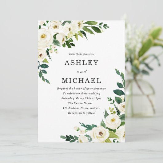 ホワイトシャンパンフラワーエレガントモダンな結婚式 招待状 (スタンド正面)