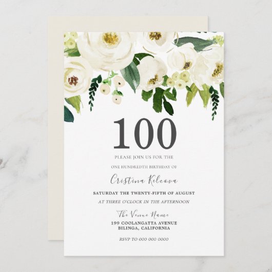 ホワイトシャンパンフラワーズ100thバースデーパーティー 招待状 (正面/裏面)