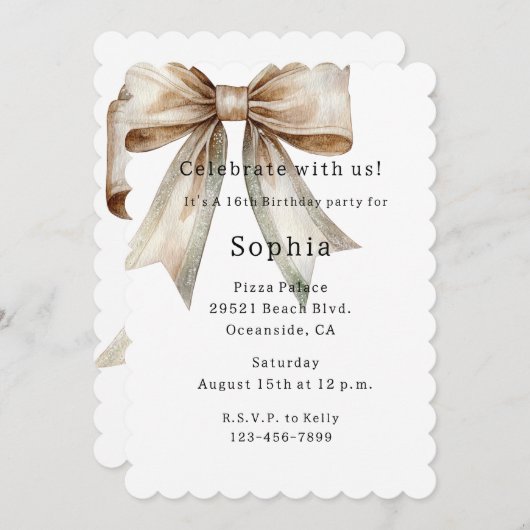 ホワイトシャンパンモスボウ16誕生日 招待状 (正面/裏面)