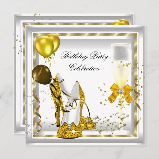 ホワイトシャンパン金ゴールドグリッターヒールズバースデーパーティー 招待状 (正面/裏面)
