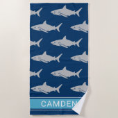 ホワイトシャーク素晴らしネイビーブルー名前をカスタムする ビーチタオル (正面)