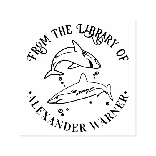 ホワイトシャーク 海洋テーマ 丸型 図書館の本 セルフインキングスタンプ (デザイン)