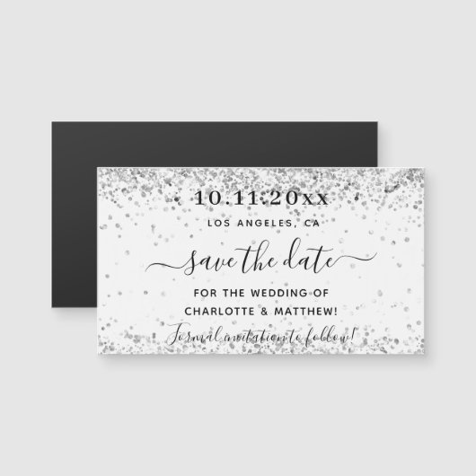 ホワイトシルバーのグリッター結婚式は日付磁石を保存 (正面/裏面)