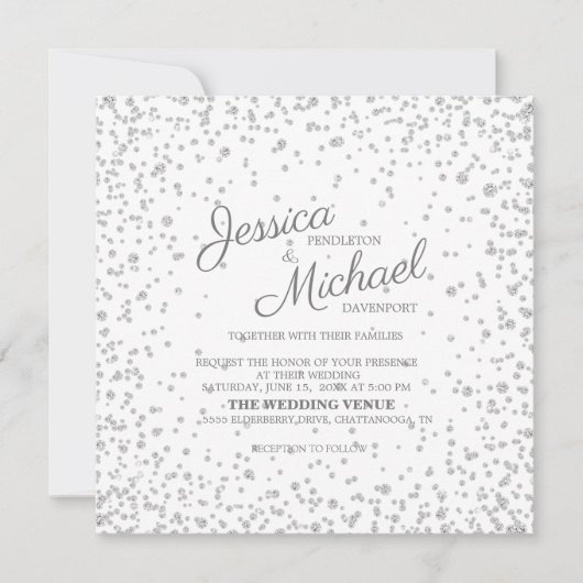 ホワイトシルバーエレガントダイヤモンドグリッター結婚ズ 招待状 (正面)