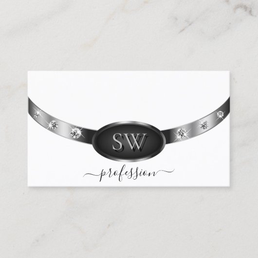 ホワイトシルバーエレガントブラック、イニシャルダイヤモンド付き 名刺 (正面)