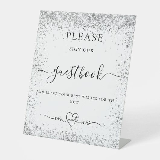 ホワイトシルバーグリッターは結婚我々のゲストブックに署名 台座サイン (正面)