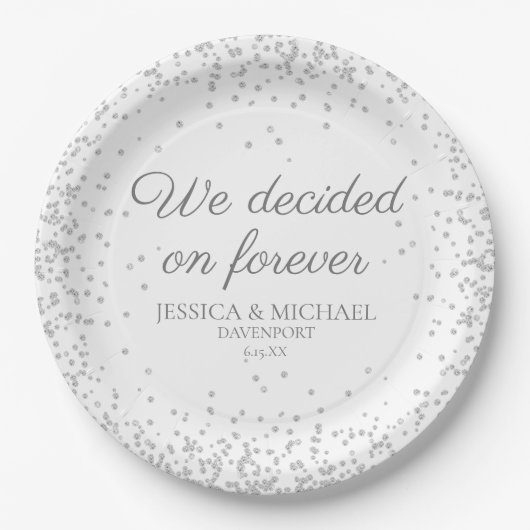 ホワイトシルバーグリッターウェディングで私たちは永遠を決意した ペーパープレート (正面)