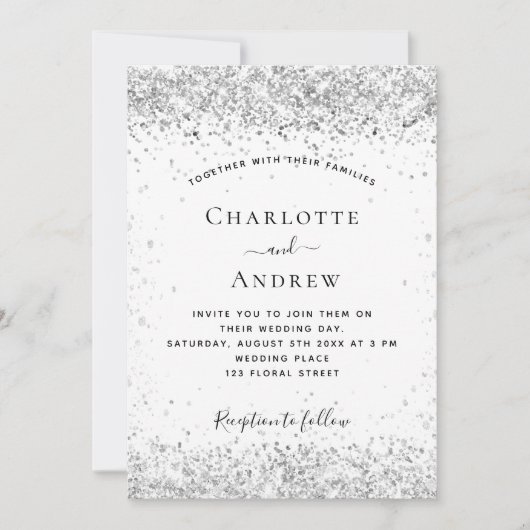 ホワイトシルバーグリッターエレガントな結婚式 招待状 (正面)