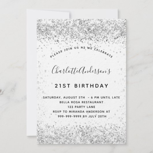 ホワイトシルバーグリッターグラマラスな贅沢な誕生日 招待状 (正面)