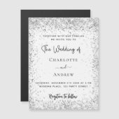 ホワイトシルバーグリッタースクリプト結婚ラグジュアリー マグネット招待状 (正面/裏面)