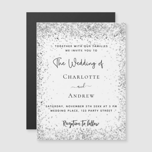 ホワイトシルバーグリッタースクリプト結婚ラグジュアリー マグネット招待状 (正面/裏面)