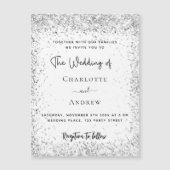 ホワイトシルバーグリッタースクリプト結婚ラグジュアリー マグネット招待状 (正面)