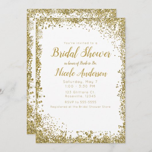 ホワイトシルバーグリッターモダングラムブライダルシャワー 招待状 (正面/裏面)