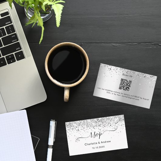 ホワイトシルバーグリッター結婚ズのウェブサイトRSVP QRコード エンクロージャーカード