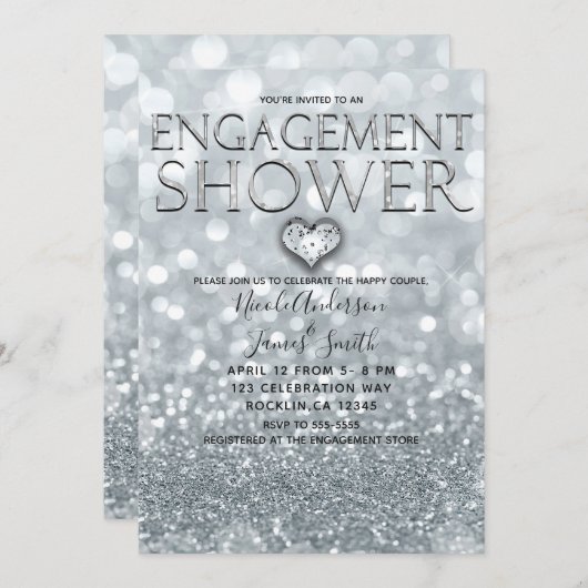 ホワイトシルバーグリッター《写真》ぼけ味グラム婚約シャワー 招待状 (正面/裏面)