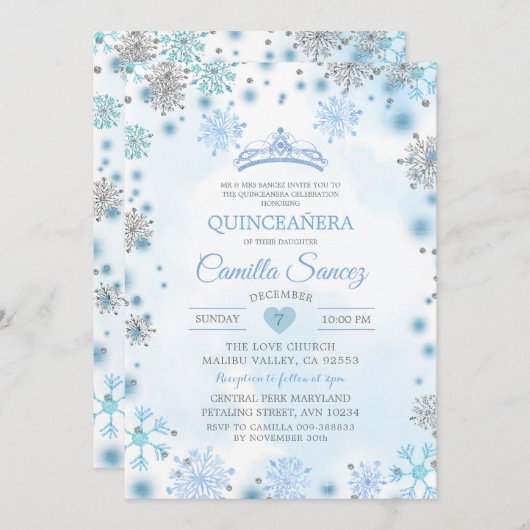 ホワイトシルバースノーフレーククリスマススウィート16招待状 招待状 (正面/裏面)