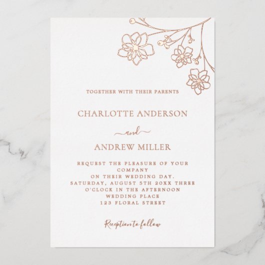 ホワイトシルバーバラ金ゴールドフローラエレガントな結婚式 箔招待状 (正面)