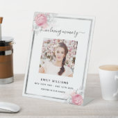 ホワイトシルバーピンクの花模様写真記念碑 台座サイン (インサイチュ)